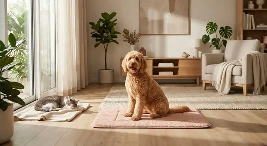 A fluffy golden doodle dog sitting peacefully on a blush pink calming mat alongside a sleeping tabby cat in a sun-drenched, neutral-toned modern living room sanctuary.