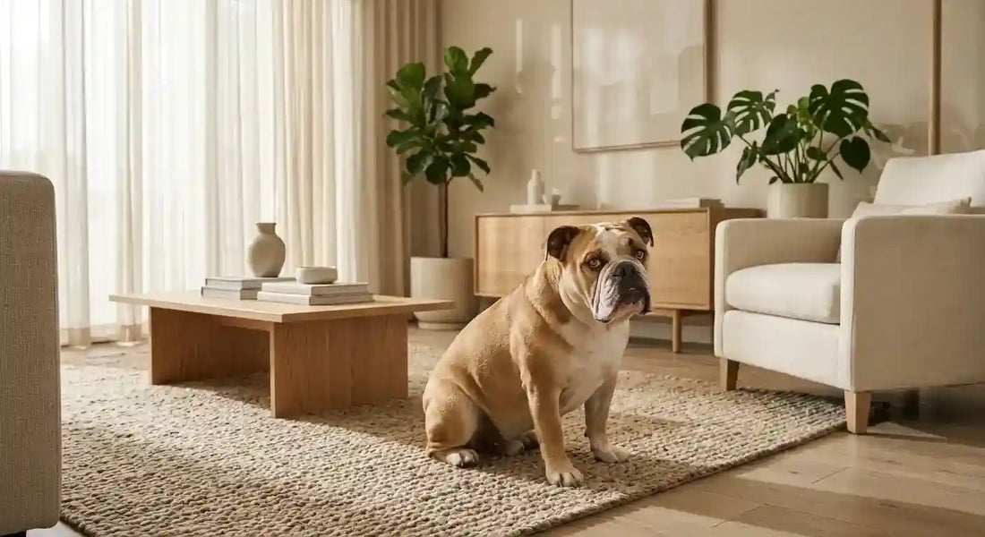 An English Bulldog sitting on a textured rug in a peaceful, warm neutral living room, featured in a Calming Pet Shop journal guide about recognizing and managing dog anxiety.