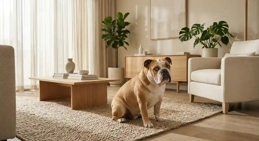 An English Bulldog sitting on a textured rug in a peaceful, warm neutral living room, featured in a Calming Pet Shop journal guide about recognizing and managing dog anxiety.