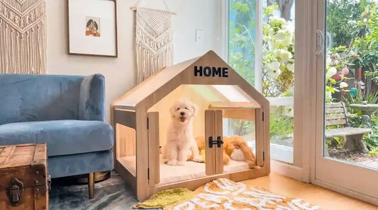 Puppy relaxing inside a cozy wooden indoor dog house, an example of a calming dog sanctuary at home.