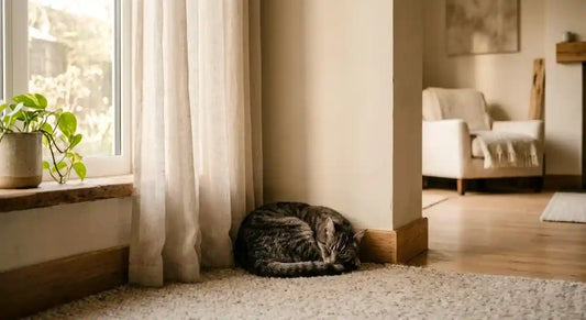 Grey tabby cat curled up and hiding in a shadowed corner, illustrating subtle signs of cat anxiety.