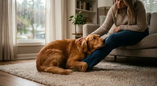 Golden retriever showing signs of anxiety during a thunderstorm, resting against owner's leg for comfort