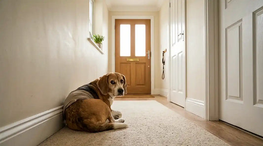  Anxious beagle wearing a calming wrap, lying by the front door showing signs of separation anxiety