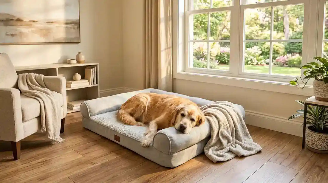 Golden retriever resting comfortably on an orthopedic dog bed, supporting joint health and preventative care.
