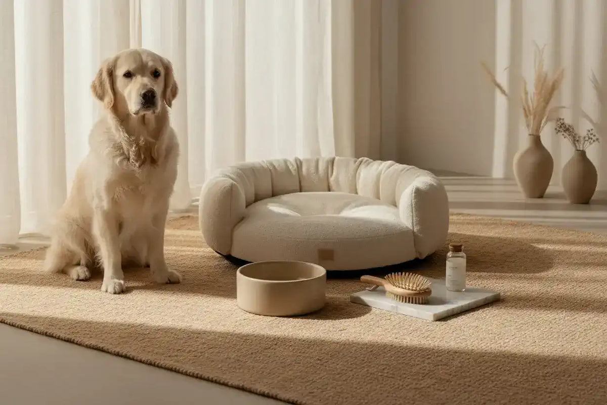 A Golden Retriever dog sits gracefully next to a plush, cream-colored CalmingPetShop circular dog bed with a matching ceramic bowl, grooming brush, and aesthetic decor on a neutral textured rug.