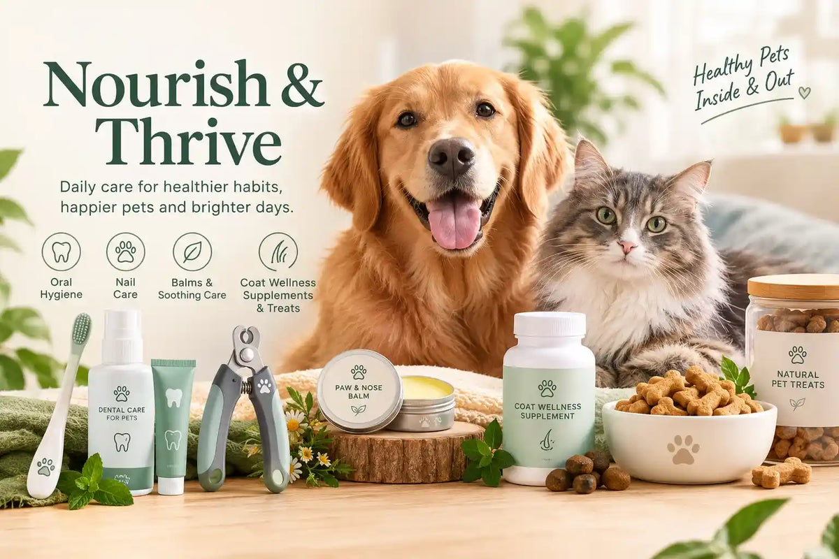 A Calming Pet Shop wellness banner titled 'Nourish & Thrive' displaying a golden retriever and cat next to a collection of pet care essentials including dental kits, nail clippers, paw balm, and coat supplements.