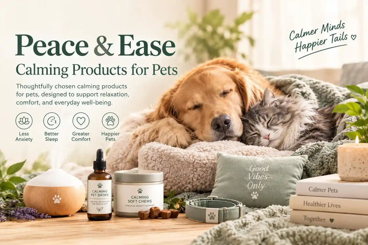 A Calming Pet Shop banner titled "Peace & Ease" featuring a dog and cat sleeping peacefully together, surrounded by pet anxiety relief essentials including a diffuser, calming drops, soft chews, and a collar.