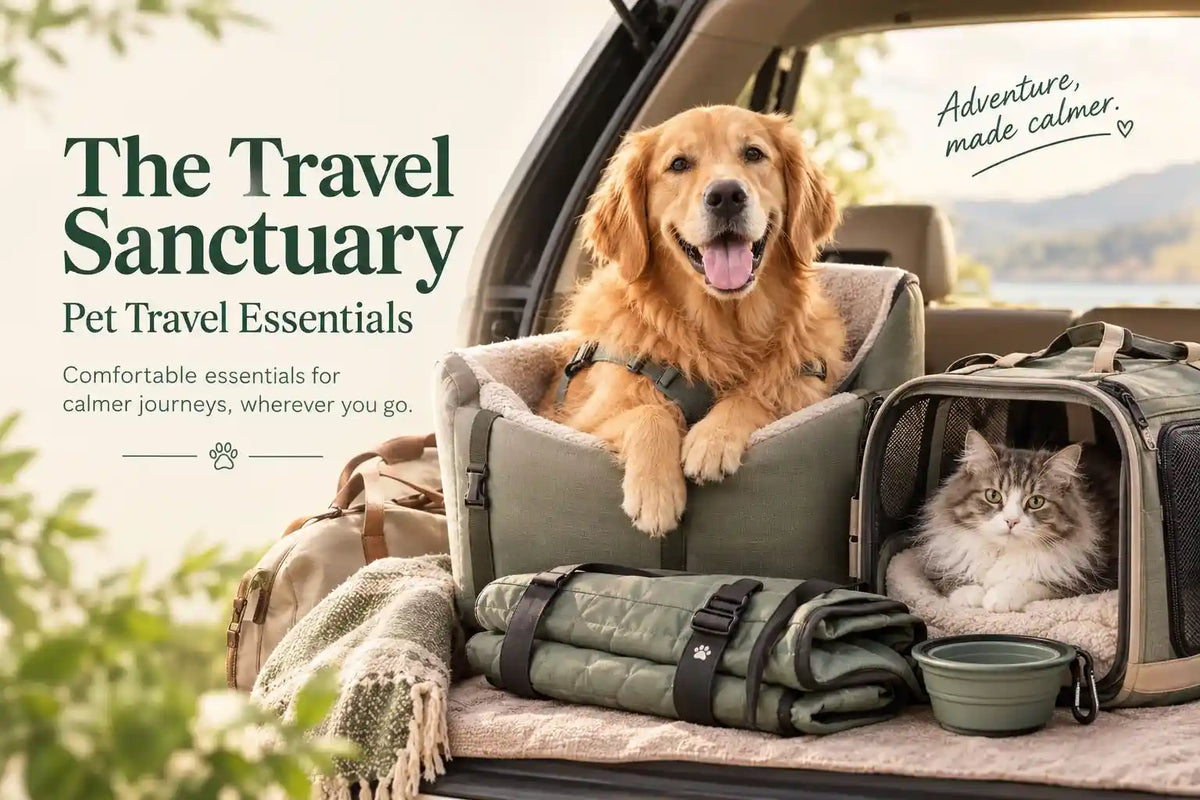 A Calming Pet Shop travel banner titled "The Travel Sanctuary" featuring a golden retriever in a car seat and a cat in a carrier, surrounded by pet travel gear including a roll-up mat and collapsible bowl.