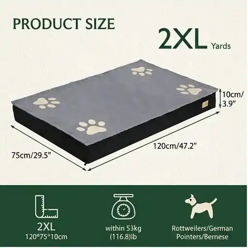 Product dimension graphic for a 2XL orthopedic memory foam dog bed, showing length, width, height, and suitability for giant dog breeds like Rottweilers and Bernese Mountain Dogs.