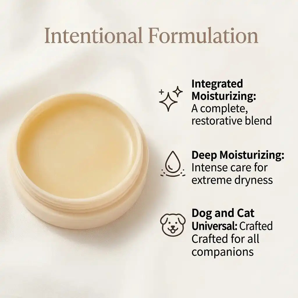 A clean product infographic detailing the intentional formulation of Calming Pet Shop paw balm, highlighting integrated moisturizing, deep care for extreme dryness, and a universal formula for dogs and cats.