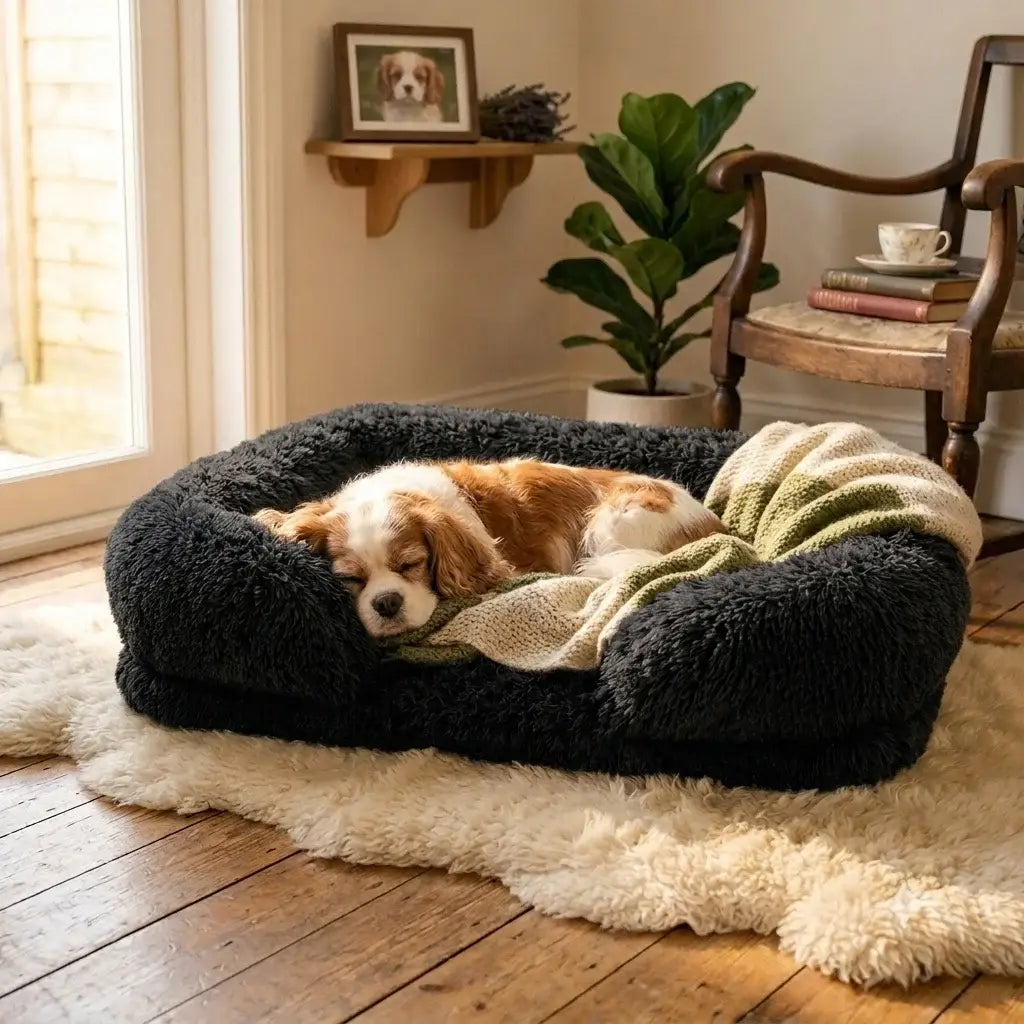 A happy dog relaxing inside the Midnight Hush Calming Orthopedic Comfort Bed, featuring raised plush bolster walls for pet anxiety relief.