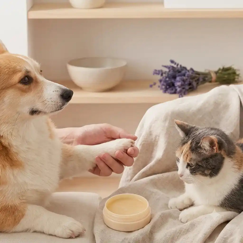 A gentle pet care ritual featuring a Corgi holding hands with an owner next to a cal his cat, with an open jar of Calming Pet Shop paw balm and dried lavender in a cozy, warm minimalist room.