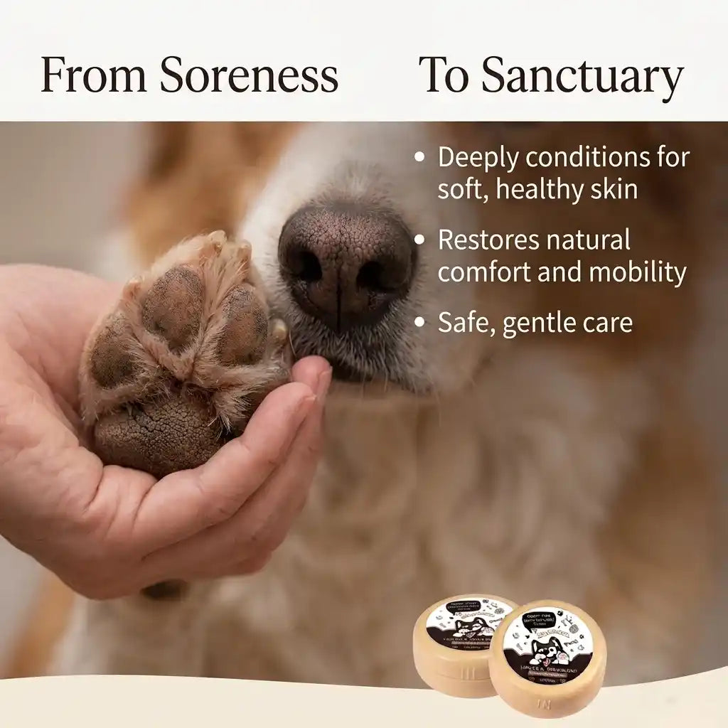 An infographic from Calming Pet Shop titled From Soreness to Sanctuary, highlighting benefits like deeply conditioning skin and restoring natural comfort, overlaid on a close-up of a dog's paw being gently held.