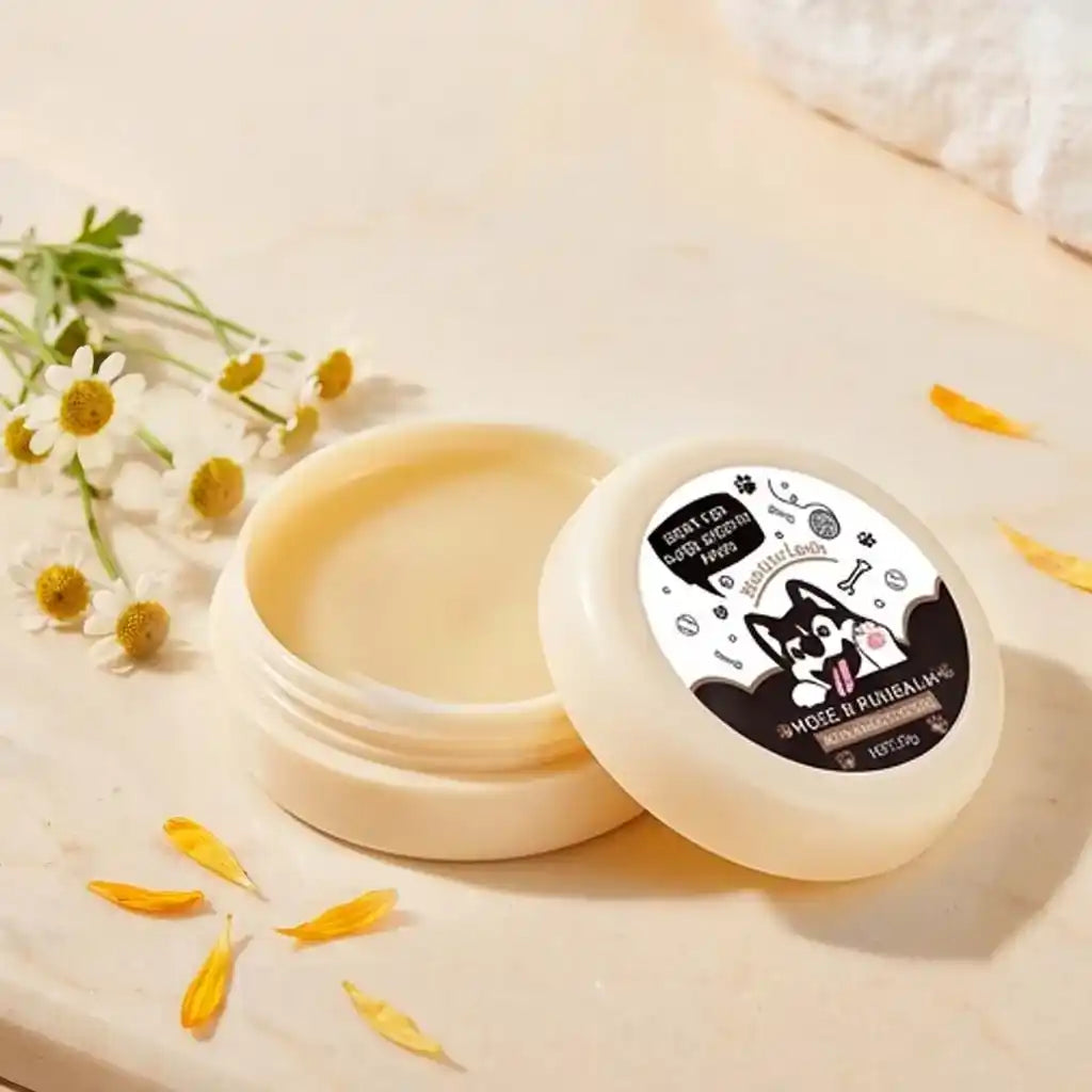 An open jar of natural, soothing paw balm from Calming Pet Shop, showcasing its smooth texture next to delicate white chamomile flowers and scattered yellow petals on a warm neutral surface.