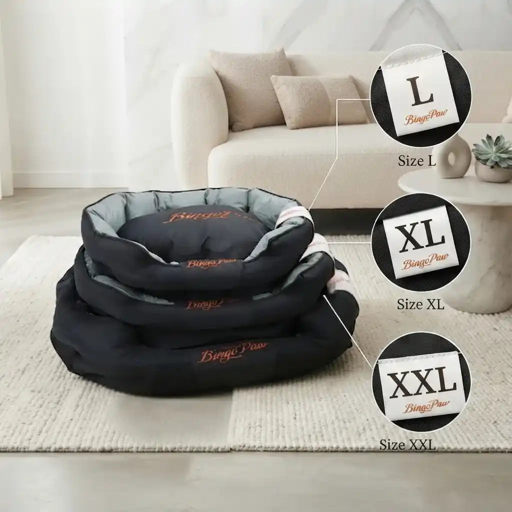 Three stacked black orthopedic dog beds from calmingpetshop in a living room setting, with circular size callouts showing L, XL, and XXL.