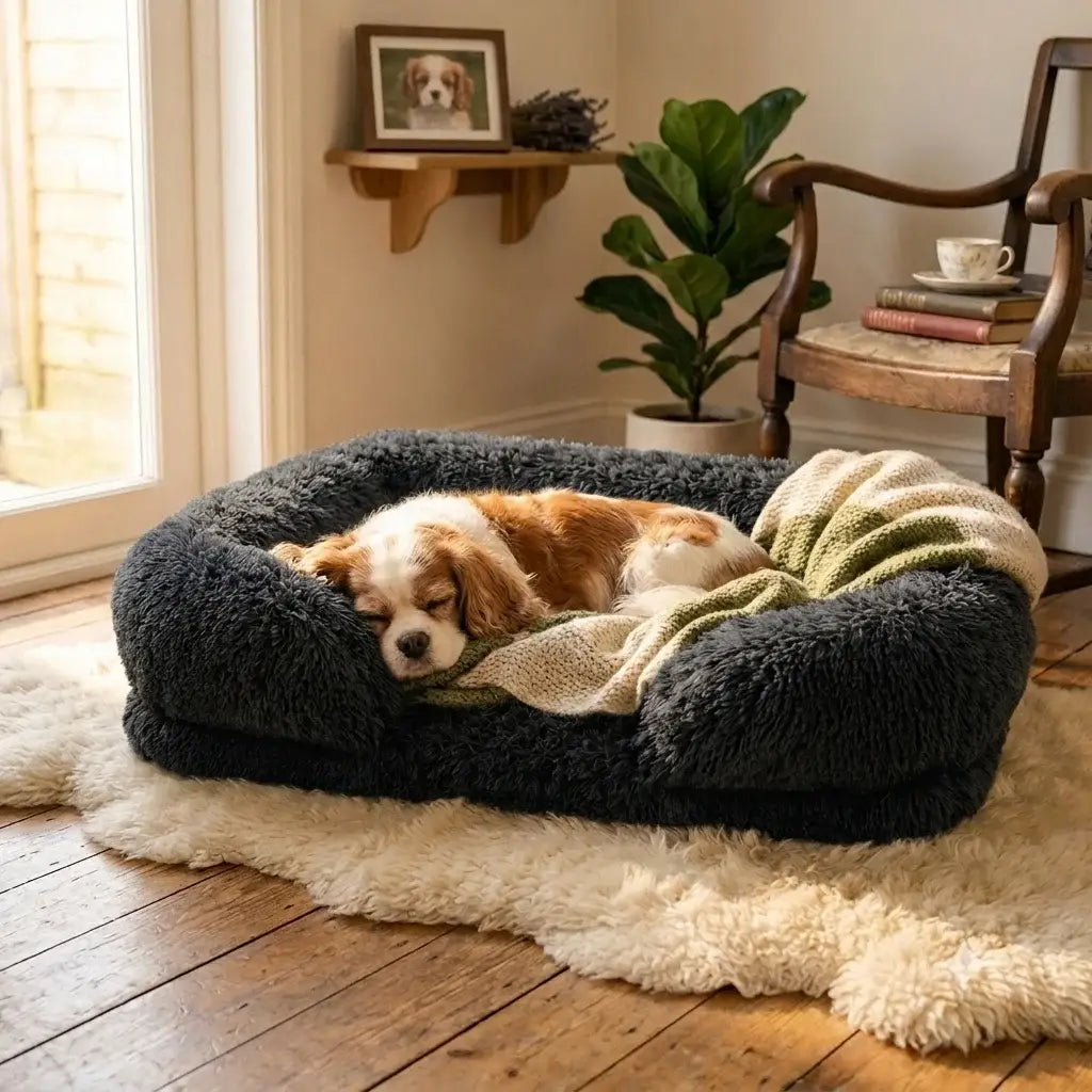 A happy dog relaxing inside the Slate Grey Calming Orthopedic Comfort Bed, featuring raised plush bolster walls for pet anxiety relief.