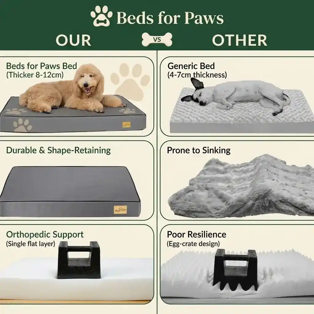 A comparison infographic highlighting the thickness, shape retention, and superior support of an orthopedic memory foam dog bed versus a generic egg-crate dog bed.