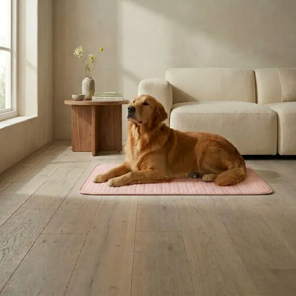 Golden retriever relaxing on a blush pink cooling mat in a warm, sanctuary-style living room
