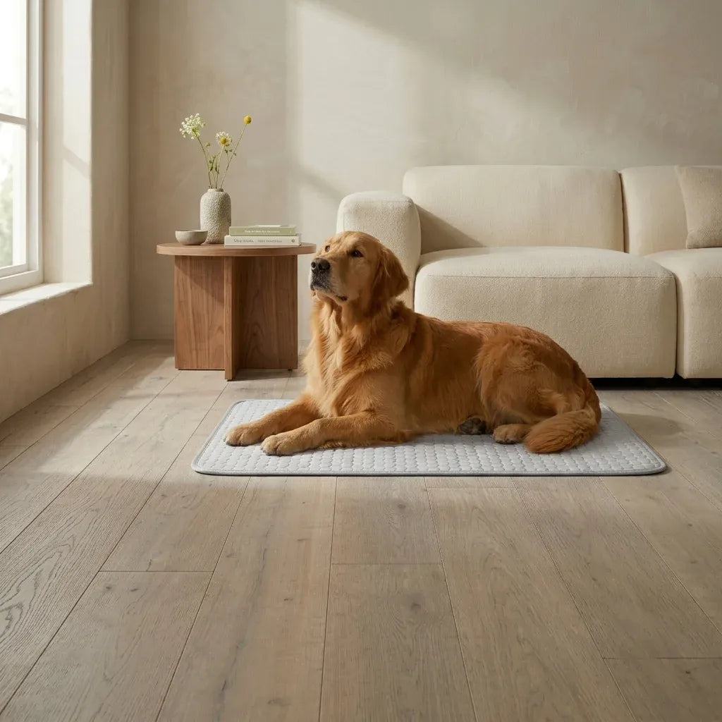 Golden retriever resting attentively on a soft grey cooling mat on natural wood flooring