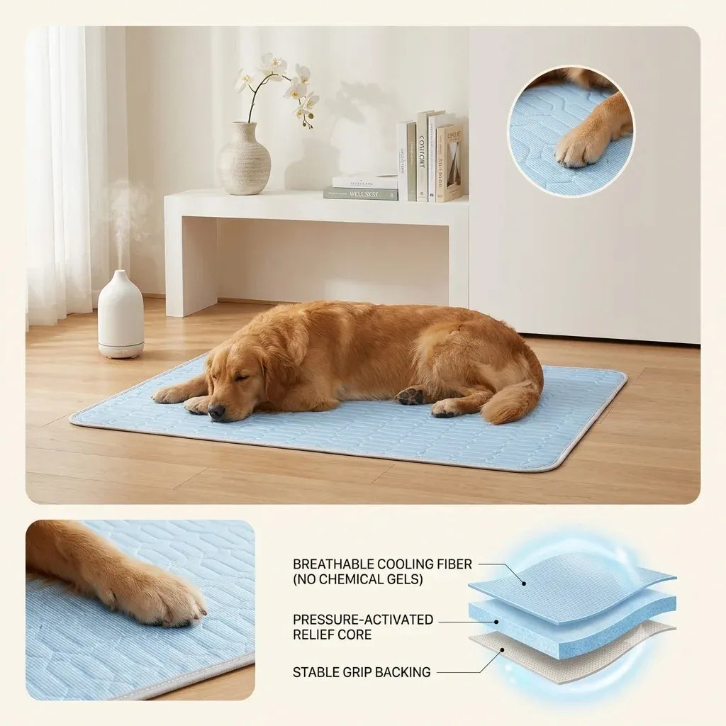 Golden retriever sleeping on a cooling mat with close-up details showing breathable cooling fiber, pressure-activated relief core, and stable grip backing