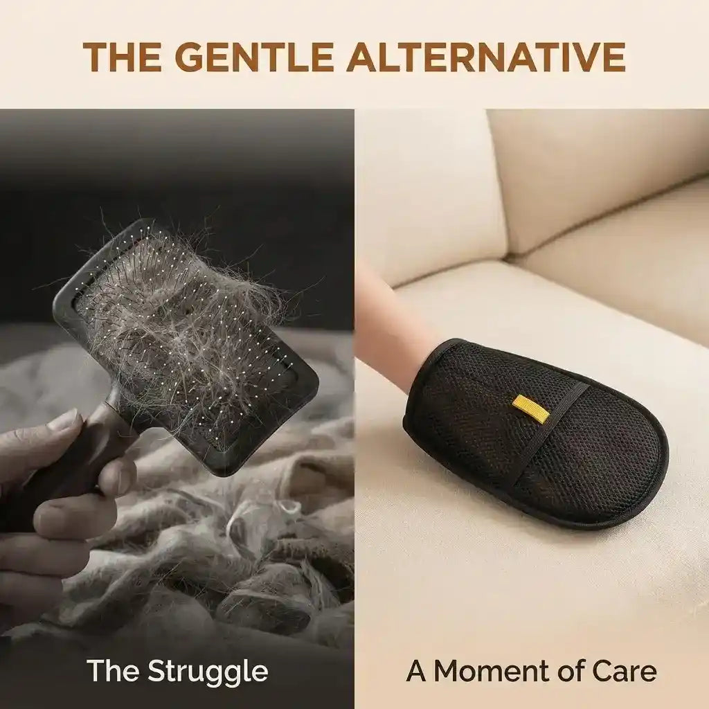 Comparison showing a metal pet brush tangled with fur versus a gentle mesh pet hair remover glove being used on a clean sofa.