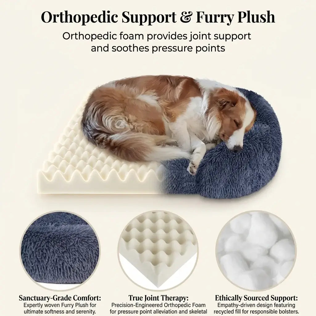 Golden retriever relaxing in a plush calming dog bed with close-up detail of the soft shag fabric and non-slip base