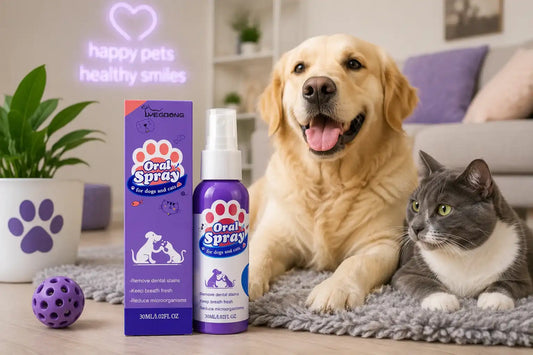 Golden retriever and grey cat sitting beside a bottle and box of Calming Pet Shop oral spray in a cozy living room.