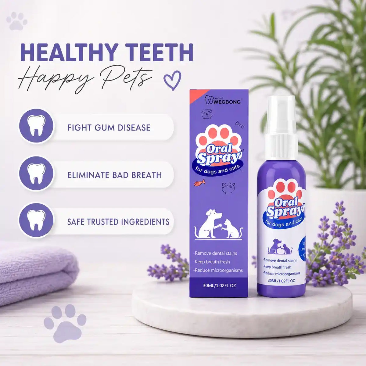 Product packaging and bottle of Calming Pet Shop oral spray highlighting benefits like fighting gum disease and eliminating bad breath.