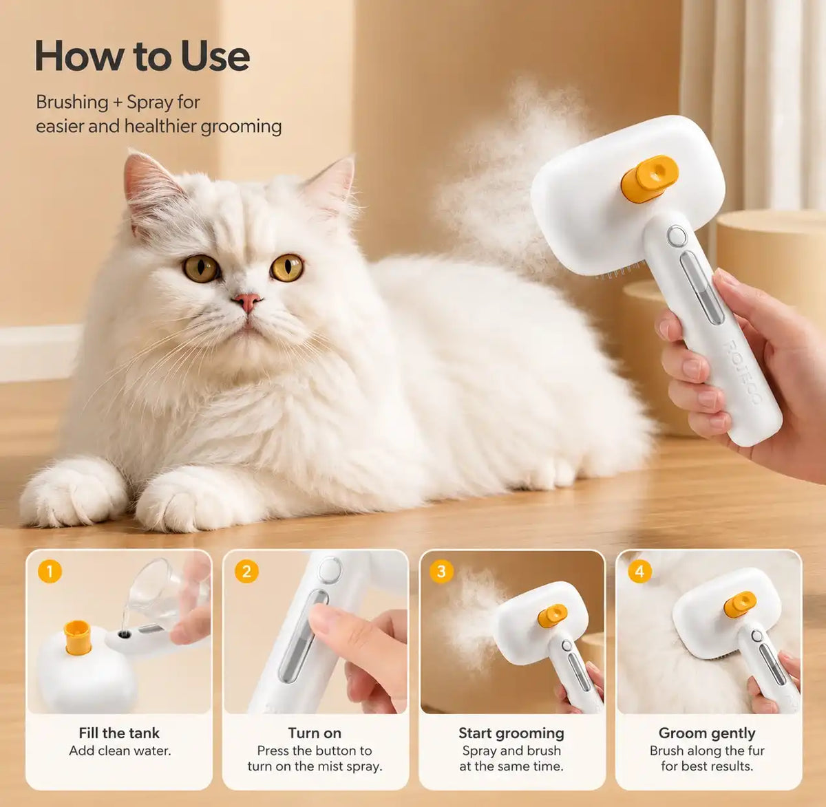Step-by-step instruction guide showing how to use the Calming Pet Shop steam mist cat brush for easy grooming.