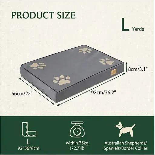 Size breakdown graphic for a large orthopedic memory foam dog bed, built for medium-to-large breeds like Australian Shepherds and Spaniels.