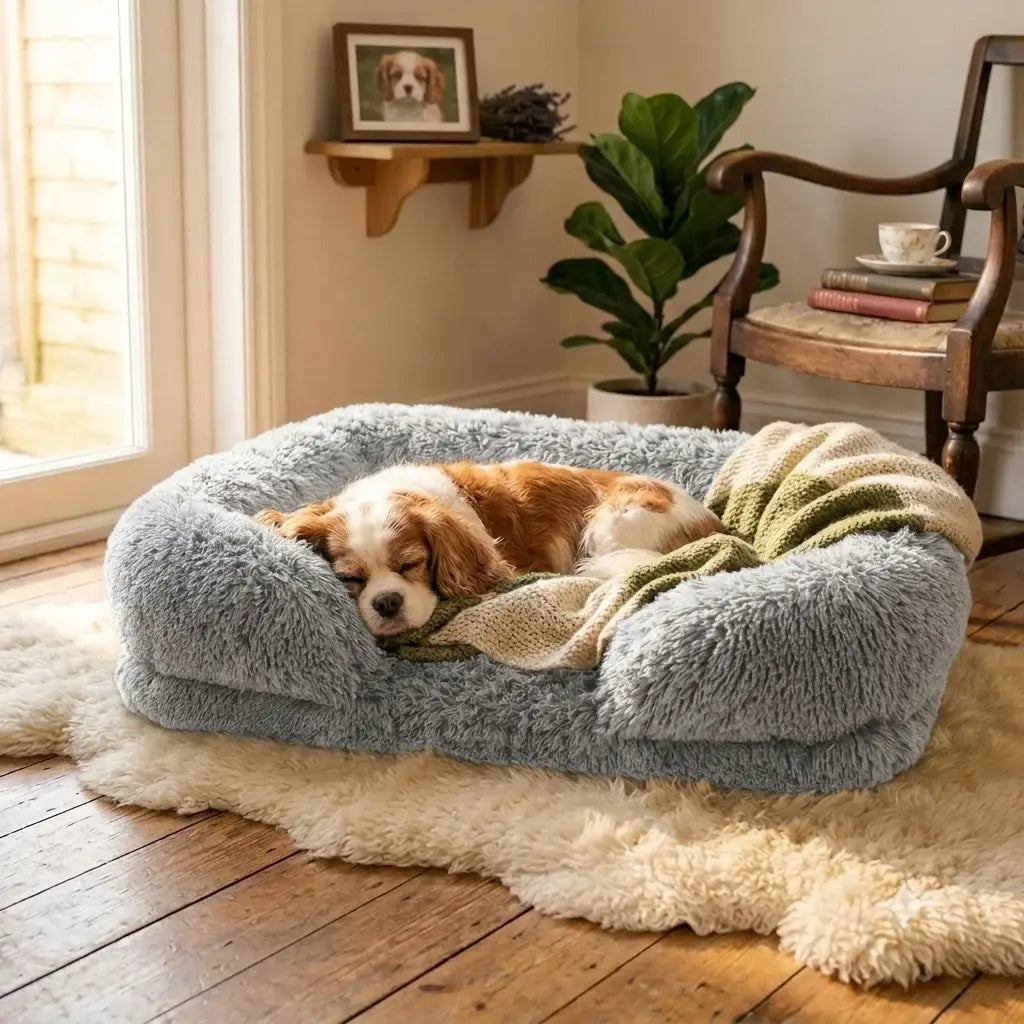 A happy dog relaxing inside the Misty Grey Calming Orthopedic Comfort Bed, featuring raised plush bolster walls for pet anxiety relief.
