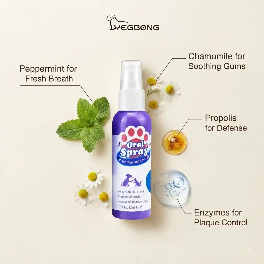 Infographic highlighting natural ingredients like peppermint, chamomile, propolis, and enzymes in Calming Pet Shop oral spray for dogs and cats.