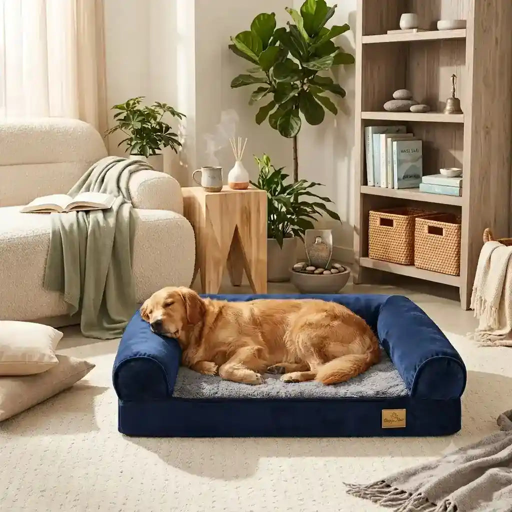 A golden retriever sleeping peacefully on a navy blue pillow top orthopedic pet bed placed on a cozy living room rug.