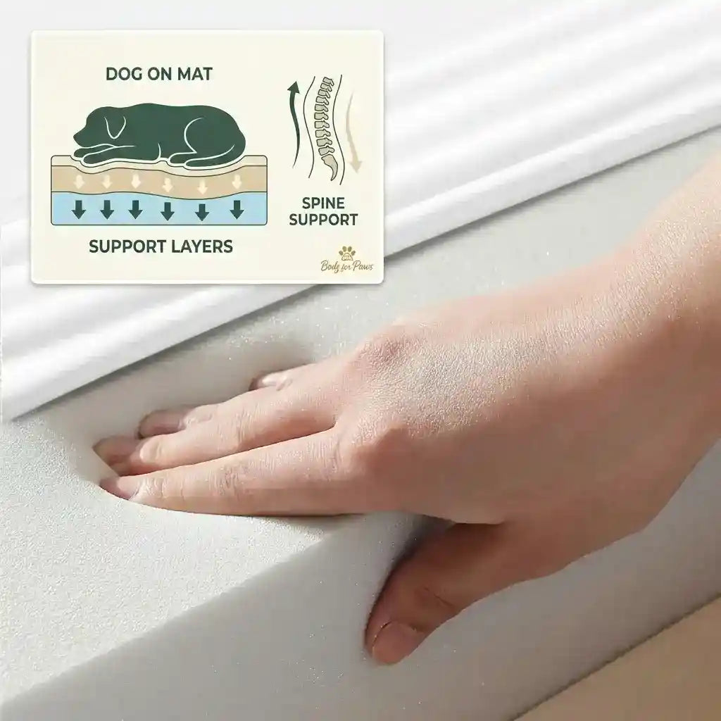 A human hand pressing into the high-density foam base of a pillow top orthopedic pet bed, accompanied by an instructional graphic detailing multi-layer spine support.