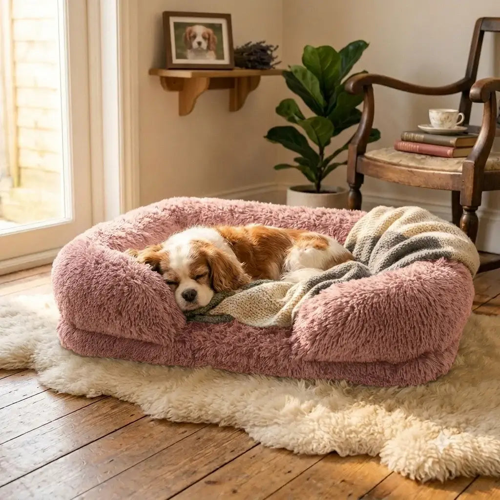 A happy dog relaxing inside the Dusty Blush Calming Orthopedic Comfort Bed, featuring raised plush bolster walls for pet anxiety relief.