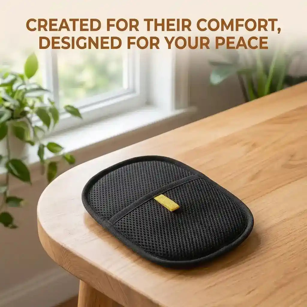 Black mesh reusable pet hair remover glove and grooming mitt sitting on a wooden table.