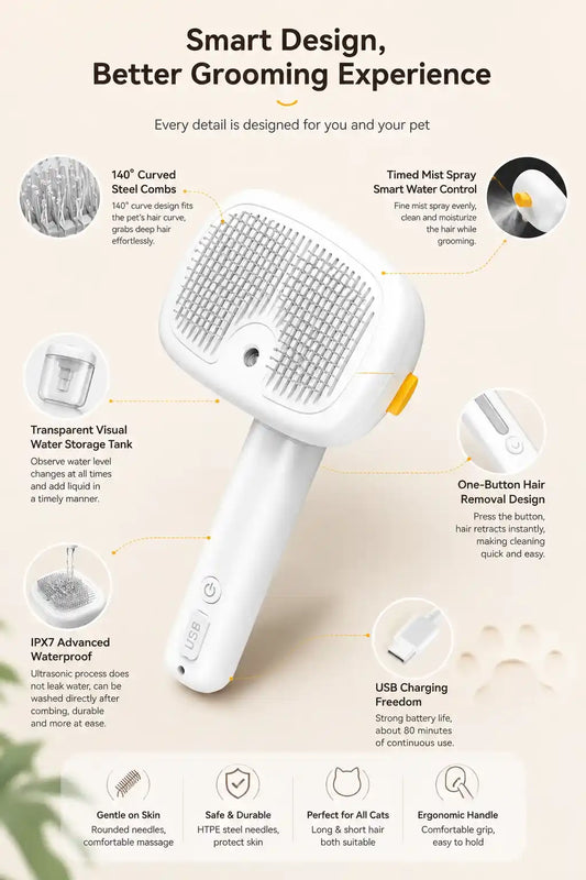 Infographic detailing features of the Calming Pet Shop smart steam pet grooming brush, including curved steel combs and water tank.