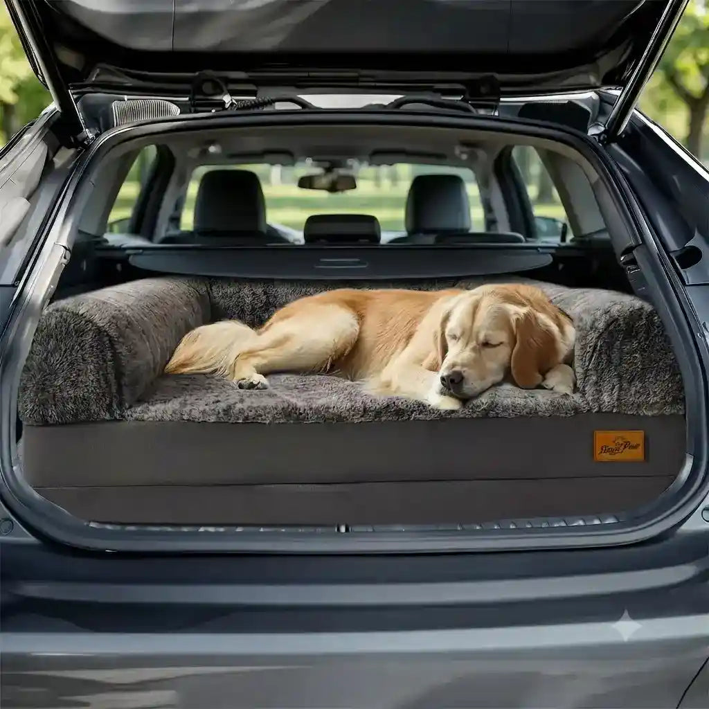 A golden retriever dog rests on a plush gray car-trunk pet bed inside the open trunk of a dark gray vehicle, with a small orange logo patch visible on the corner of the bed.