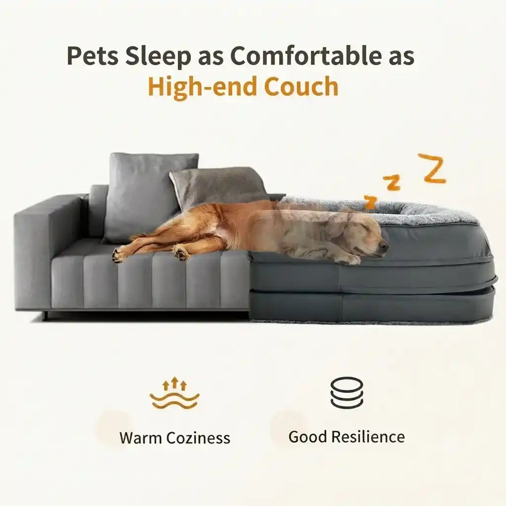 A dog lies on a gray sectional couch with an integrated pet bed on the right side. Text at the top reads 'Pets Sleep as Comfortable as High-end Couch' and text at the bottom highlights 'Warm Coziness' and 'Good Resilience'.