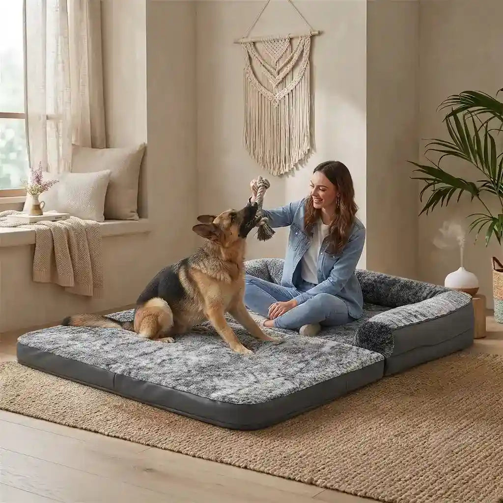 A woman and her German Shepherd dog relax on a gray and white patterned inflatable pet bed in a cozy, sunlit room.