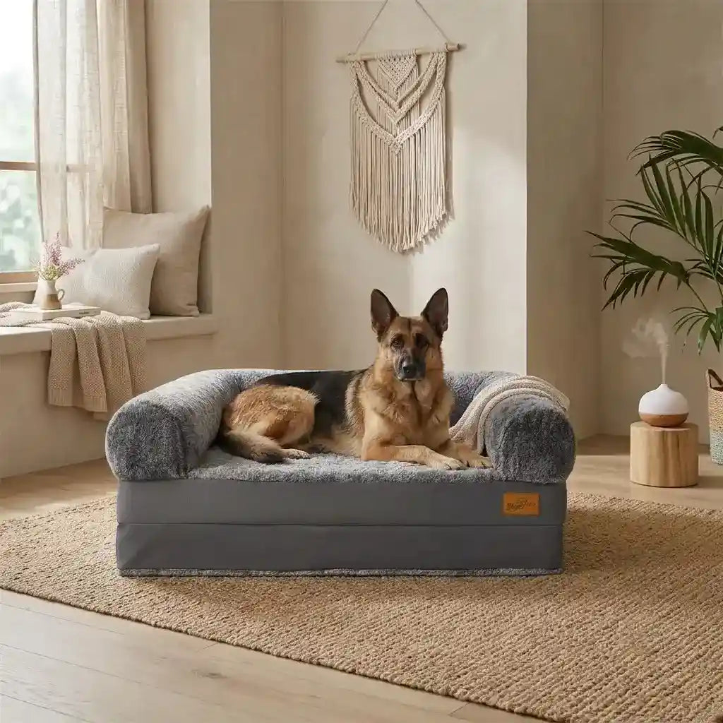 A German Shepherd lies on a sofa couch pet bed with rolled arms in a warm, neutral-toned room with a window, woven rug, macrame wall hanging, and potted plant.