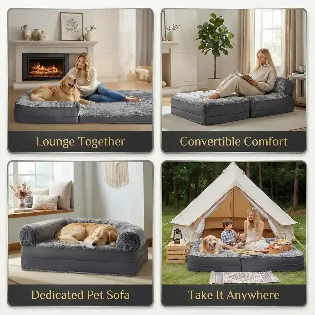 A four-panel collage showing a gray inflatable pet lounger/sofa in different use cases: lounging with a dog by a fireplace, as a convertible bed with a person reading, as a dedicated pet sofa with a dog resting inside, and set up in a tent-like outdoor setup with people and a dog.