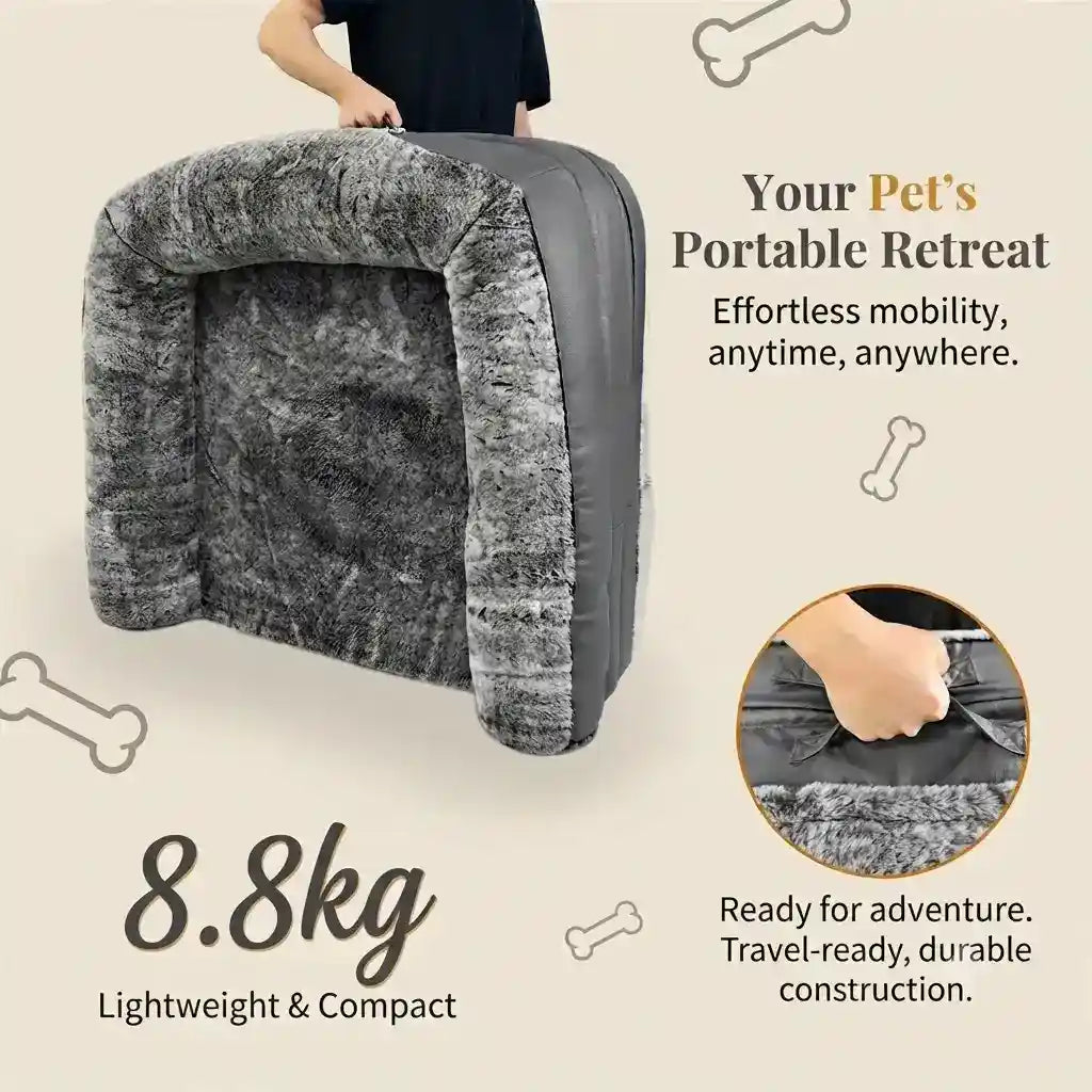 A portable pet bed shown on a beige promotional background with text reading 'Your Pet's Portable Retreat' and '8.8kg Lightweight & Compact.