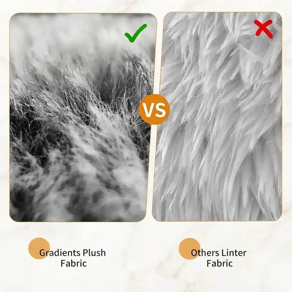 A comparison graphic showing two close-up fabric textures side by side. The left panel displays a soft, fluffy gradient plush fabric with a green checkmark and the label 'Gradients Plush Fabric.