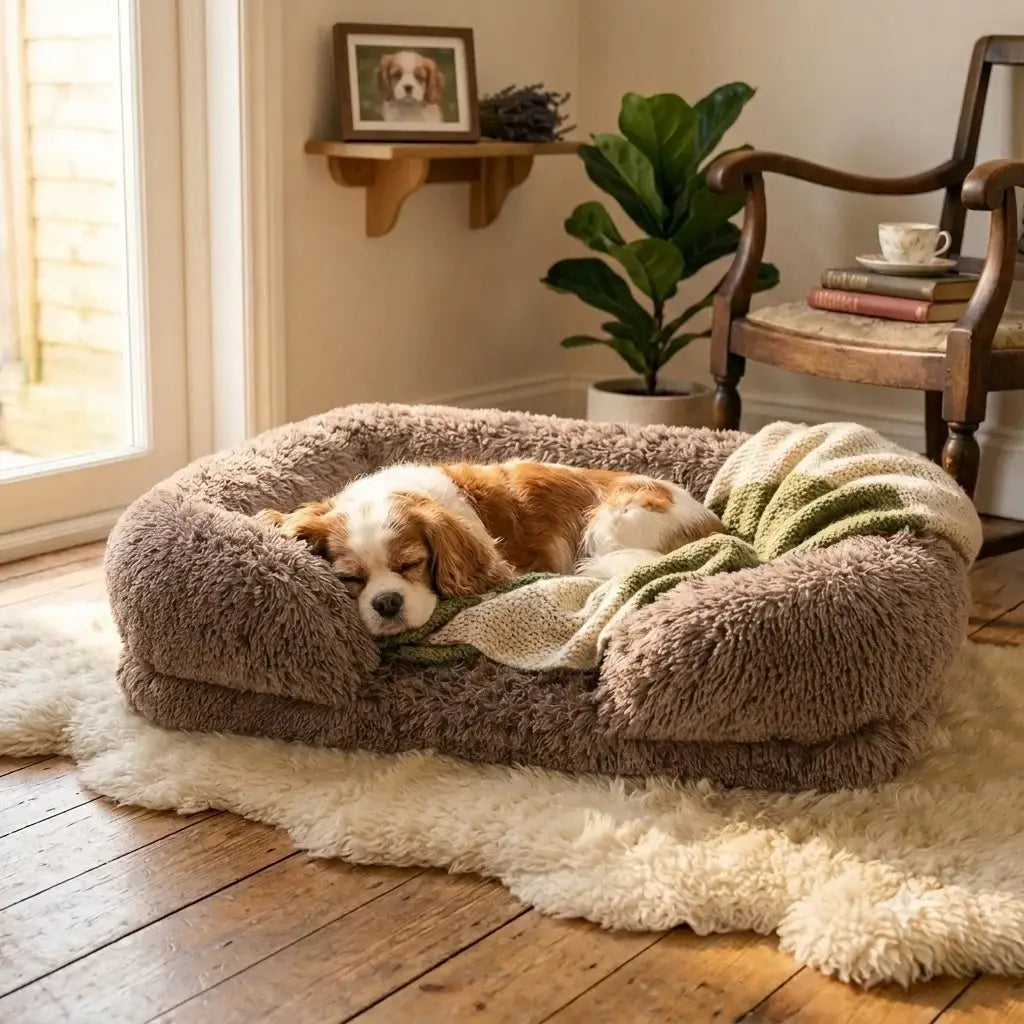 A happy dog relaxing inside the Warm Driftwood Calming Orthopedic Comfort Bed, featuring raised plush bolster walls for pet anxiety relief.