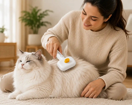 Woman gently brushing a fluffy white cat with a steam grooming brush from Calming Pet Shop in a cozy living room.