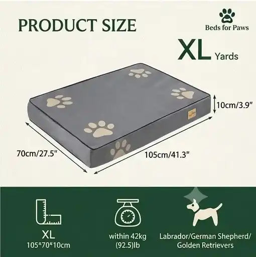 Product size chart showing specifications for an extra-large orthopedic memory foam dog bed, ideal for large breeds such as Labradores and German Shepherds.