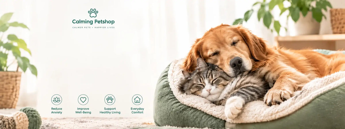 A golden retriever and a tabby cat rest together on a soft cream blanket inside a green pet bed in a bright, plant-filled room. The image includes the text 'Calming Petshop' and small feature icons along the left side.
