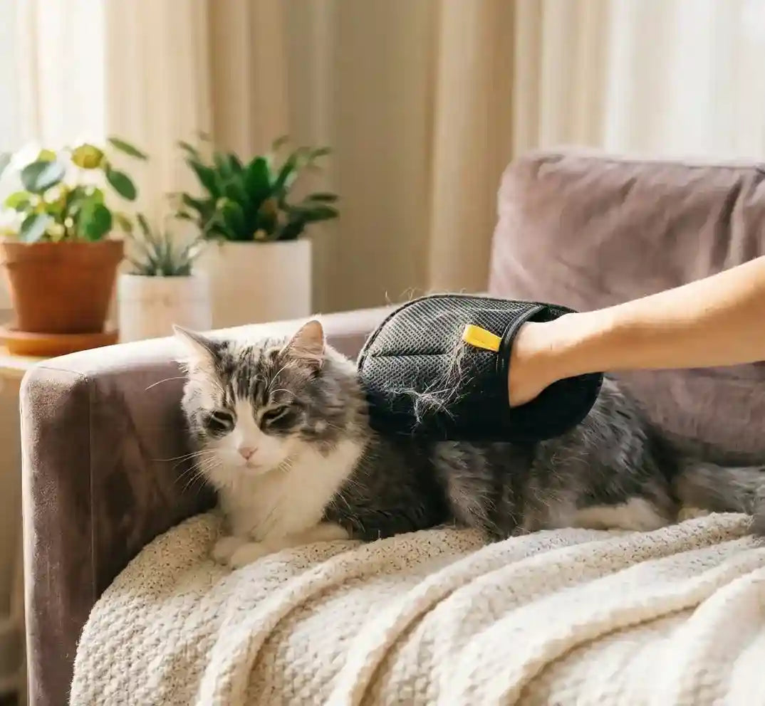 electrostatic pet hair removal glove
in action grooming a cat