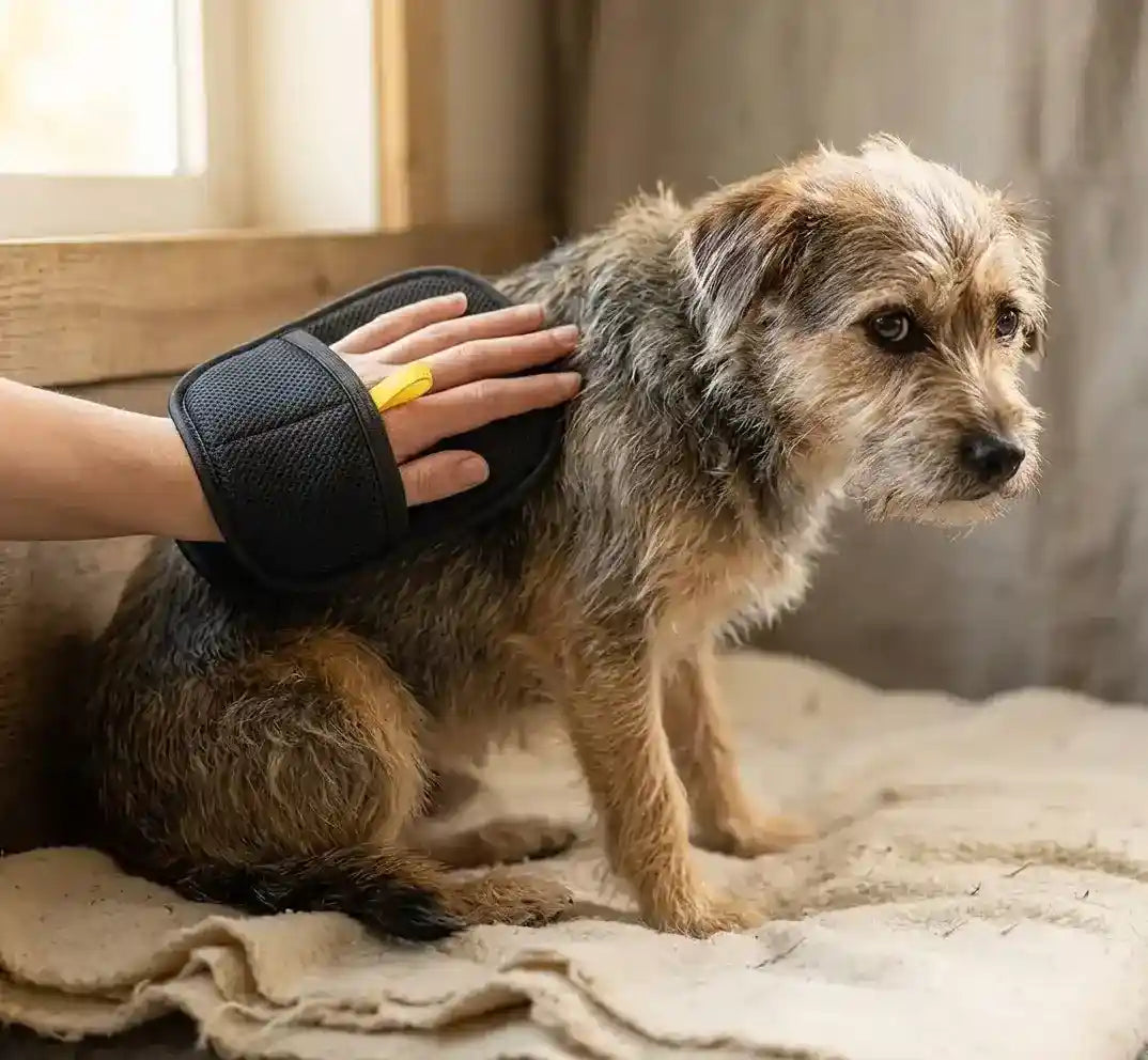 best pet hair remover glove gently
massaging an anxious dog